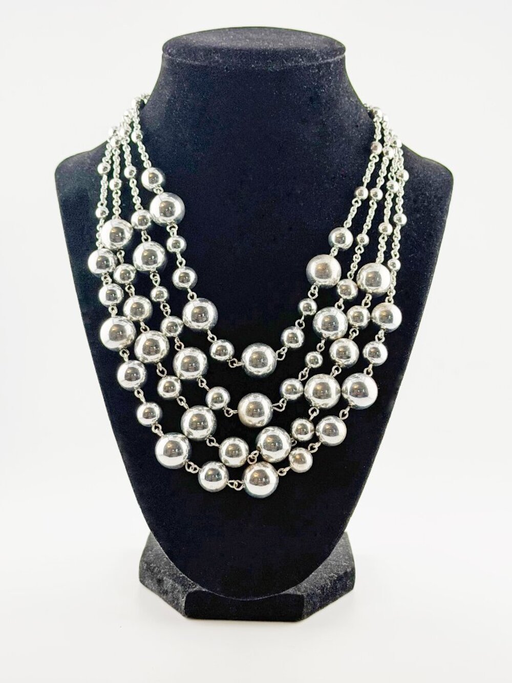 VTG Silver Tone 4-Strand Graduated Ball Bib Chunky Choker Statement Necklace